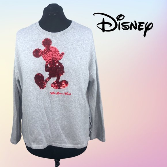 Disney Parks Walt Disney World Gray w/ Red Reverse Sequin Mickey Pullover Sz M - Picture 1 of 9